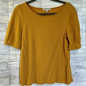 Green Envelope Mustard Textured Scoop Neck Short Sleeve Top